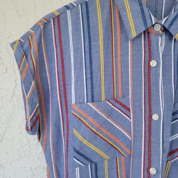 Sandy & Sid Striped Knot Button Down Blouse Womens Size M Blue Multi Cropped - Picture 3 of 10